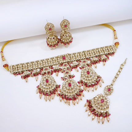 Bridal Jewelry Set – Maroon & Champagne Kundan Choker