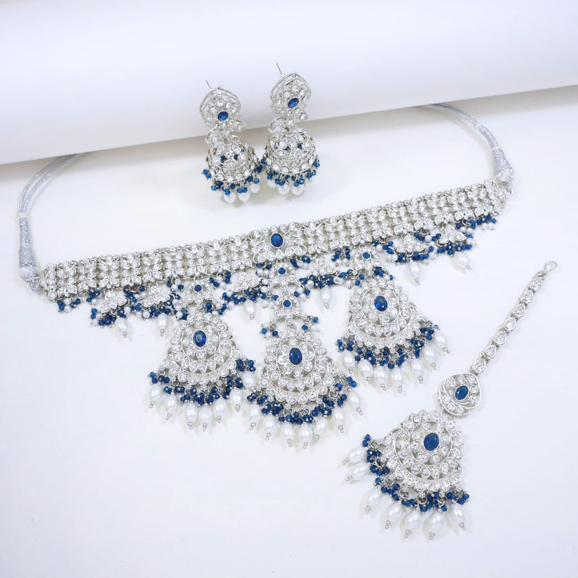 Bridal Jewelry Set – Sapphire Blue & Champagne Kundan Choker