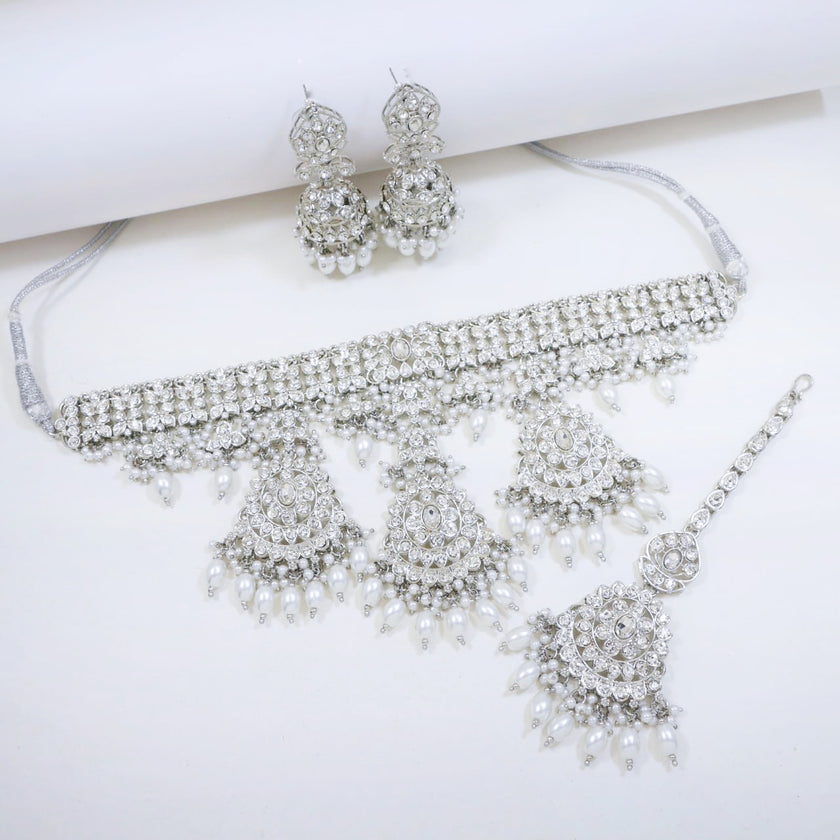 Bridal Jewelry Set – Pearl White & Antique Gold Kundan Choker