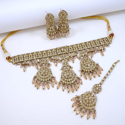 Bridal Jewelry Set – Emerald Green & Champagne Zircon Kundan Choker