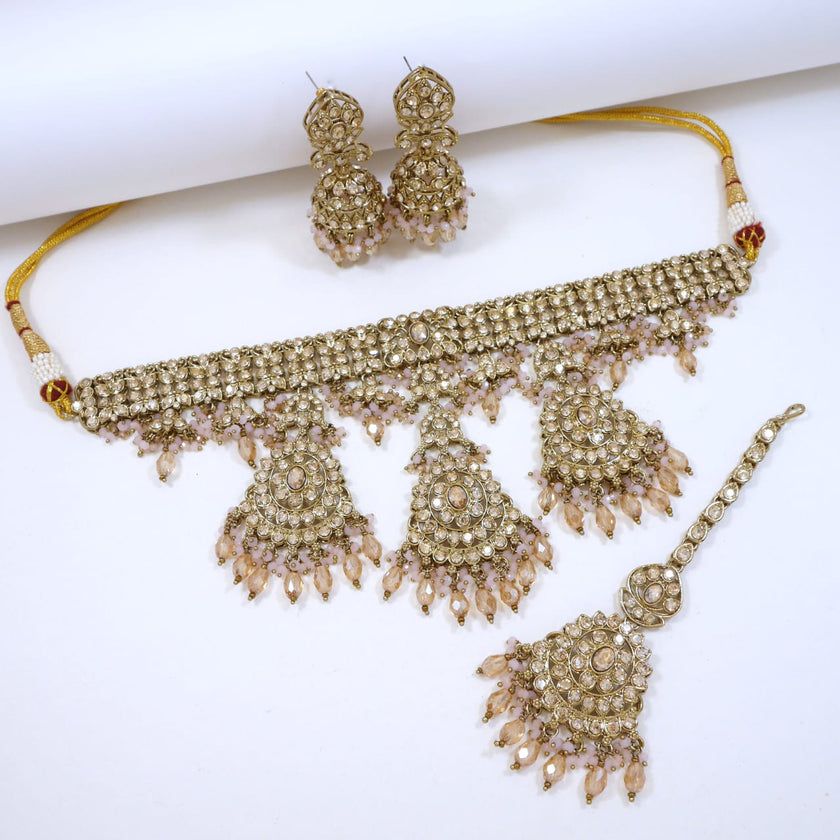 Bridal Jewelry Set – Emerald Green & Champagne Zircon Kundan Choker