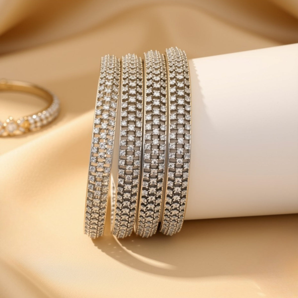 Set of 6 silver-tone wave bangles with marquise clear zircon stones – copper/brass fashion jewelry