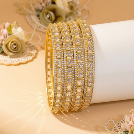 Set of 8 slim silver-tone bangles with leaf marquise zircon stones – copper/brass fashion jewelry