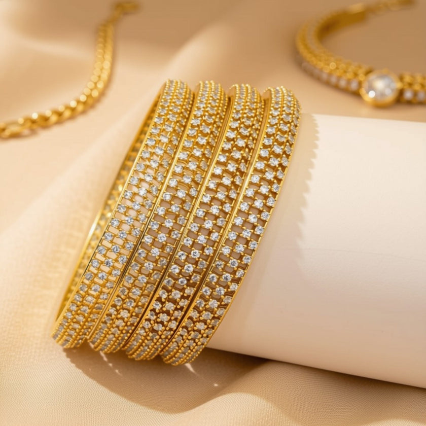Set of 8 slim silver-tone bangles with marquise leaf zircon stones – copper/brass fashion jewelry