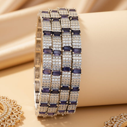Set of 6 silver-tone wave bangles with marquise purple zircon stones – copper/brass fashion jewelry