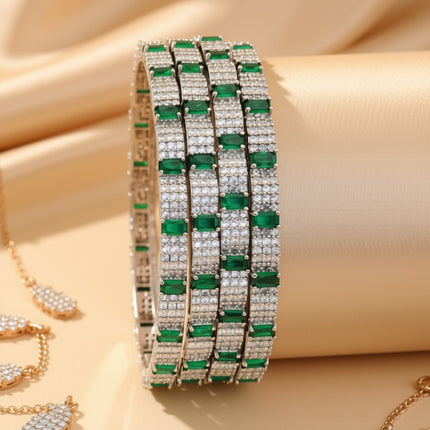 Set of 4 wide silver-tone bangles with double-row navy blue emerald-cut zircon stones – copper/brass fashion jewelry