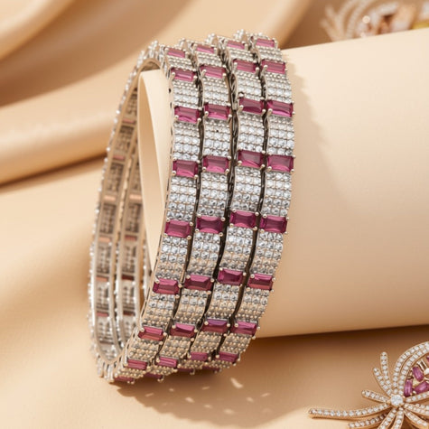 Set of 4 ultra-wide silver-tone bangles with blue and clear pavé zircon grid – copper/brass fashion jewelry