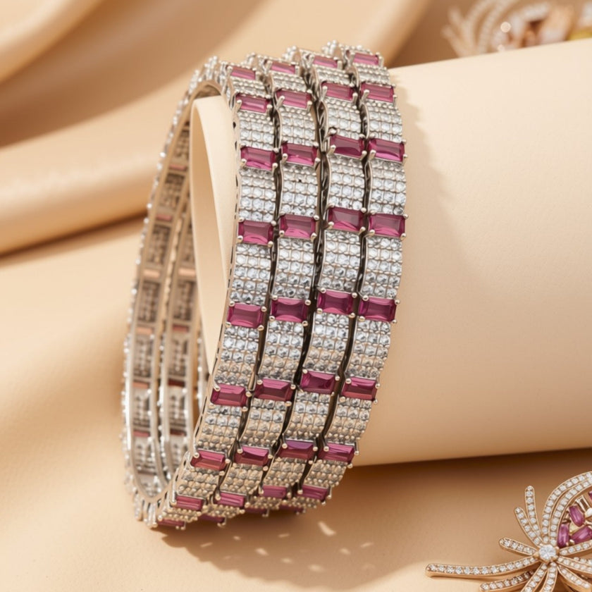 Set of 4 ultra-wide silver-tone bangles with blue and clear pavé zircon grid – copper/brass fashion jewelry