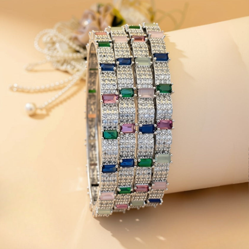 Set of 6 silver-tone wave bangles with marquise emerald green zircon stones – copper/brass fashion jewelry