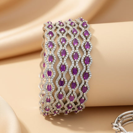 Set of 6 silver-tone wave bangles with multicolor marquise zircon stones – copper/brass fashion jewelry