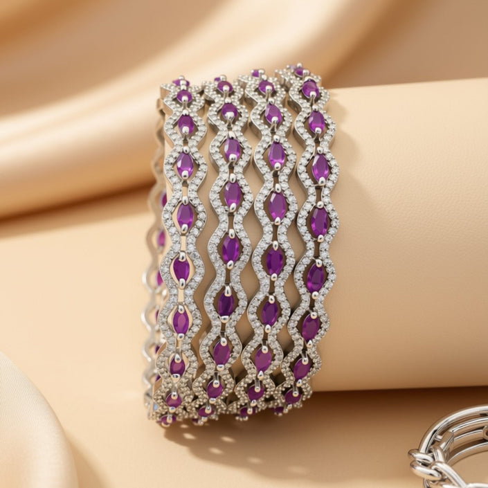 Set of 6 silver-tone wave bangles with multicolor marquise zircon stones – copper/brass fashion jewelry