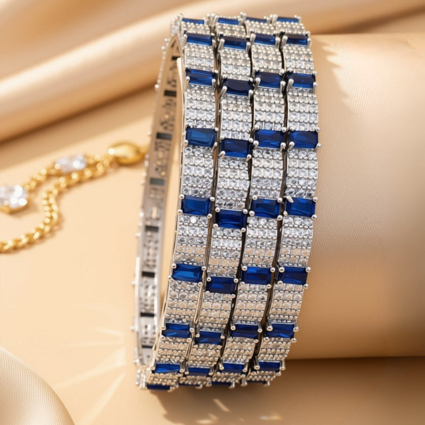 Wide silver-tone openwork bangles with colored marquise zircon stones – copper/brass fashion jewelry