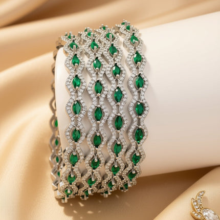 Wide silver-tone bangles with colored zircon stones in pavé design – copper/brass fashion jewelry