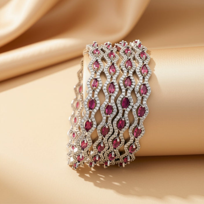 Silver-tone statement bangles with colored zircon stones – copper/brass fashion jewelry
