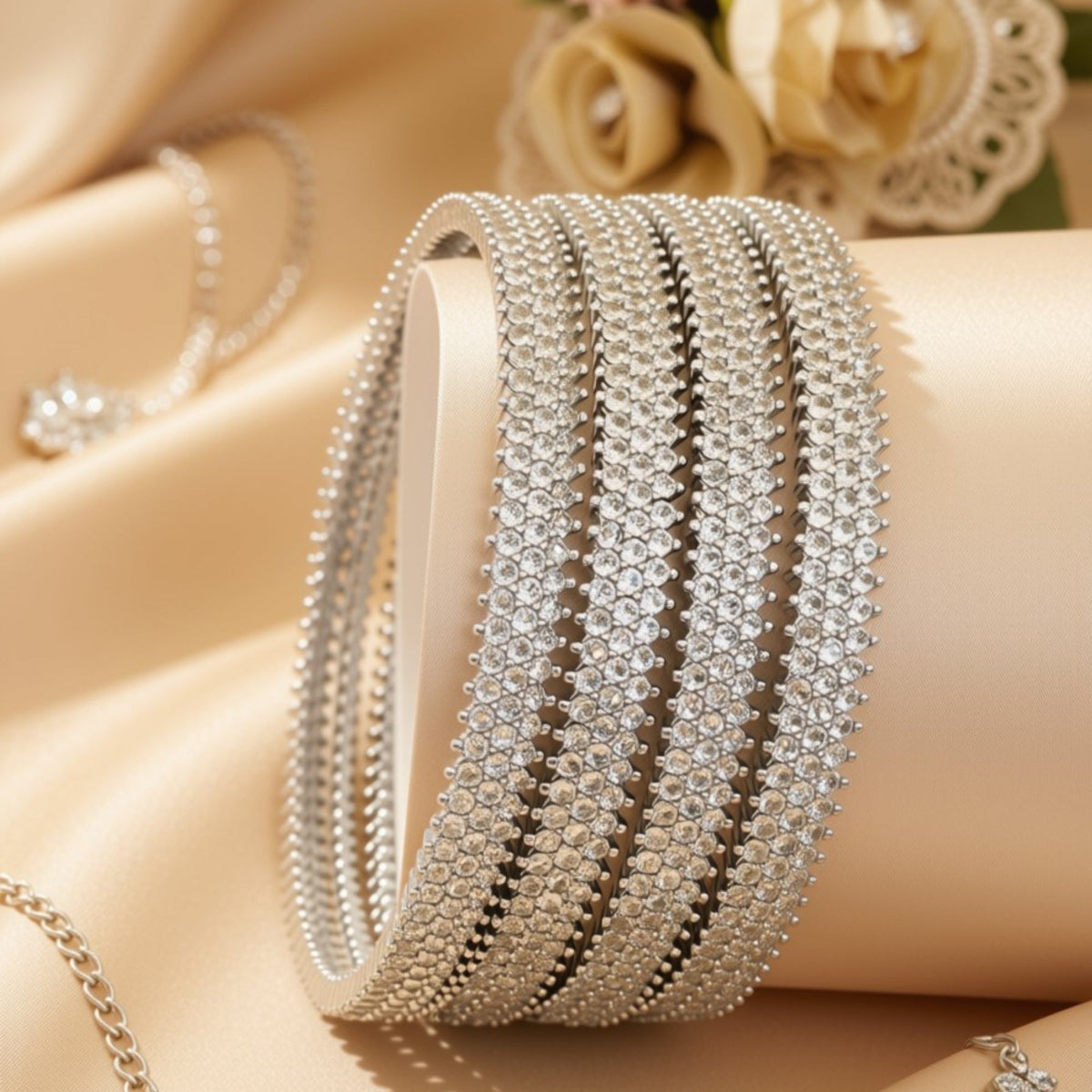 Set of 4 silver-tone wave lattice bangles with marquise navy blue zircon stones – copper/brass fashion jewelry