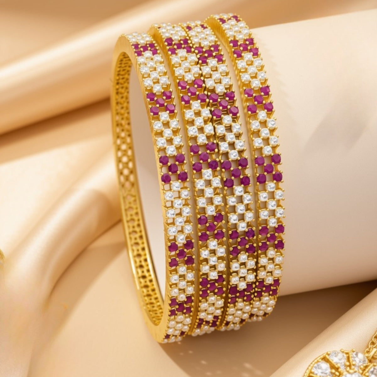 Gold-tone statement bangles with colored zircon stones – copper/brass fashion jewelry