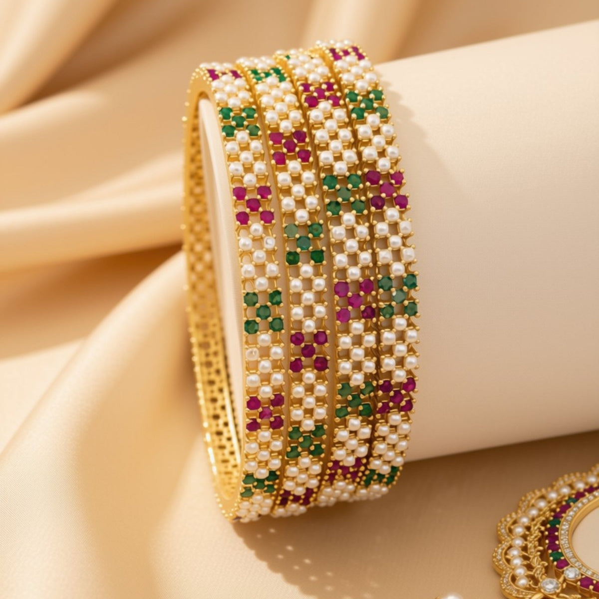 Wide gold-tone bangles with colored zircon stones – copper/brass fashion jewelry