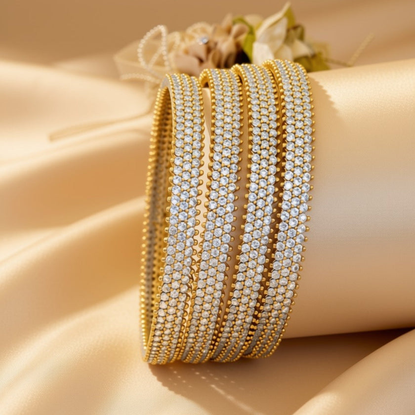 Set of 4 gold-tone bangles with champagne marquise zircon floral motifs – copper/brass Kundan-inspired fashion jewelry