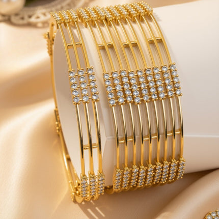 Set of 6 slim silver-tone bangles with baguette and round clear zircon grid pattern – copper/brass fashion jewelry