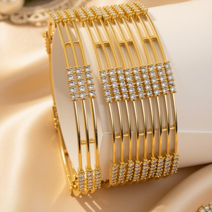 Set of 6 slim silver-tone bangles with baguette and round clear zircon grid pattern – copper/brass fashion jewelry