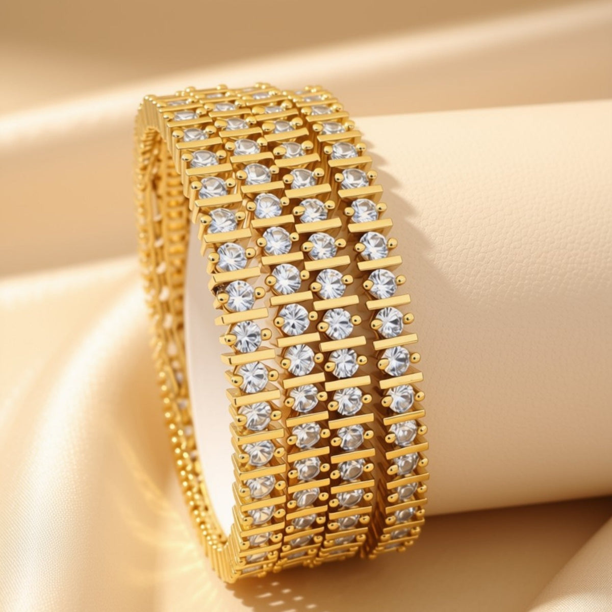 Set of 6 slim gold-tone bangles with dense purple amethyst micro zircon pavé pattern – copper/brass fashion jewelry