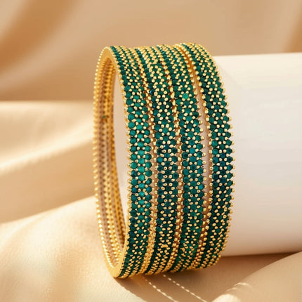 Set of 6 slim silver-tone bangles with single-row marquise clear zircon and milgrain bead borders – copper/brass fashion jewelry