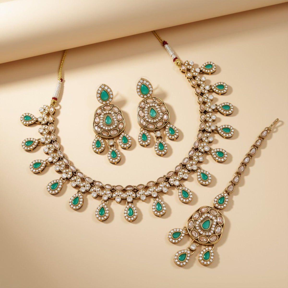 Bridal Jewelry Set – Necklace, Earrings & Maang Tikka Sapphire Stone