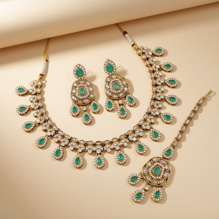 Bridal Jewelry Set – Necklace, Earrings & Maang Tikka Sapphire Stone