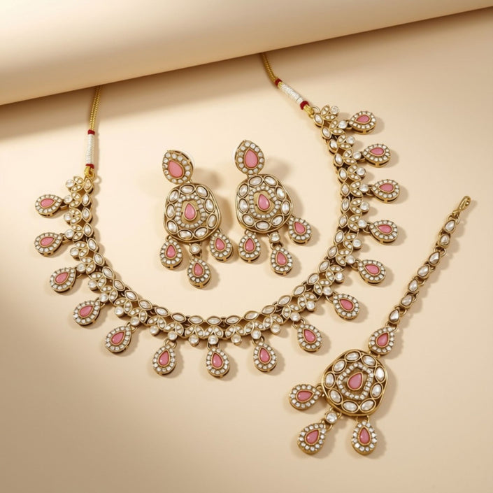 Bridal Jewelry Set – Necklace, Earrings & Maang Tikka Pink Sapphire