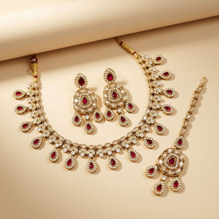 Bridal Jewelry Set – Necklace, Earrings & Maang Tikka Ruby