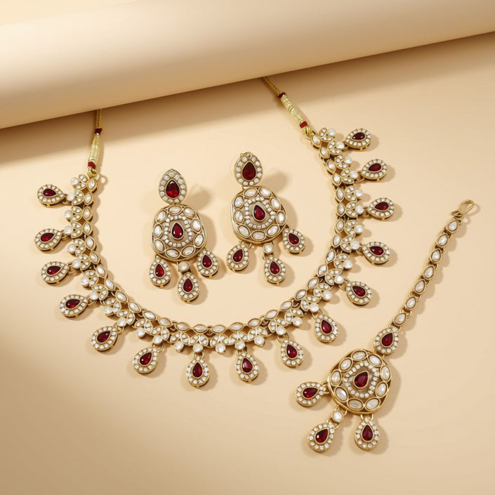 Bridal Jewelry Set – Necklace, Earrings & Maang Tikka Ruby