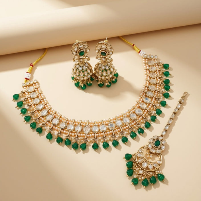 Bridal Jewelry Set – Maroon Crystal & Antique Gold