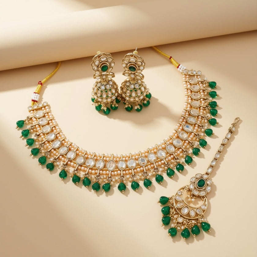Bridal Jewelry Set – Maroon Crystal & Antique Gold