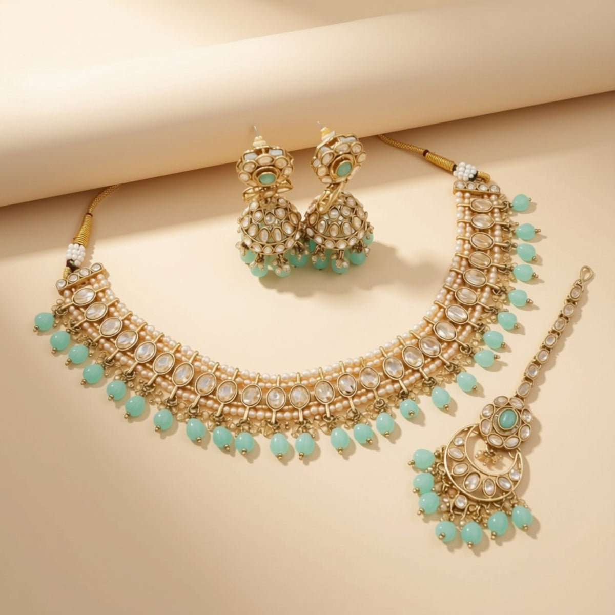 Bridal Jewelry Set – Teal Blue Crystal & Antique Gold